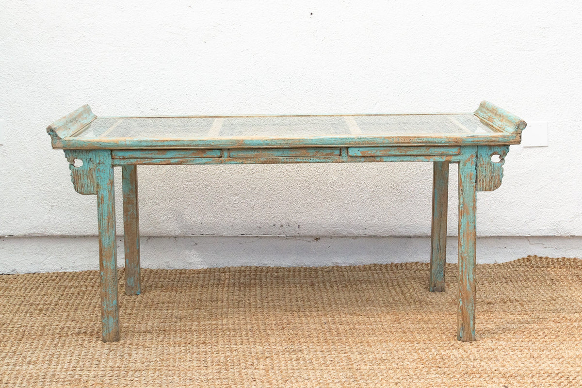 Glass Top Painted Asian Console Writing Table
