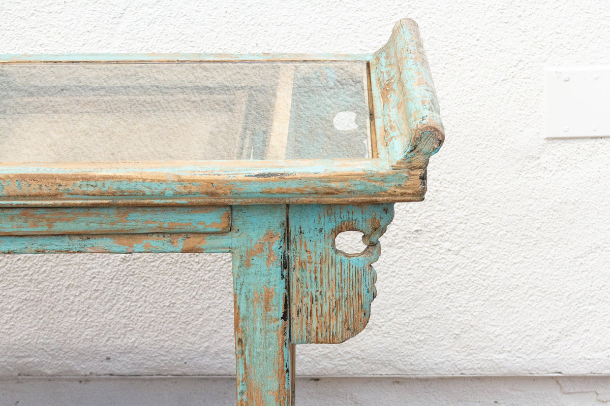 Glass Top Painted Asian Console Writing Table