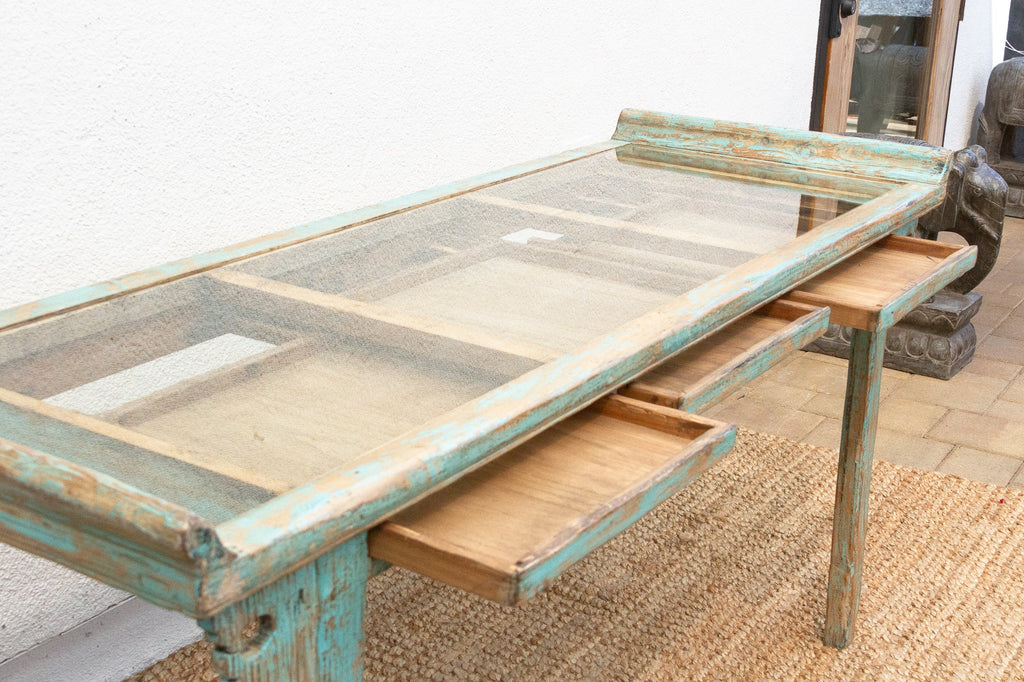 Glass Top Painted Asian Console Writing Table