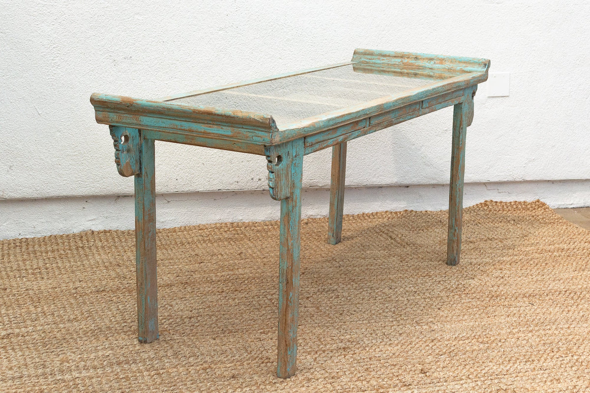 Glass Top Painted Asian Console Writing Table