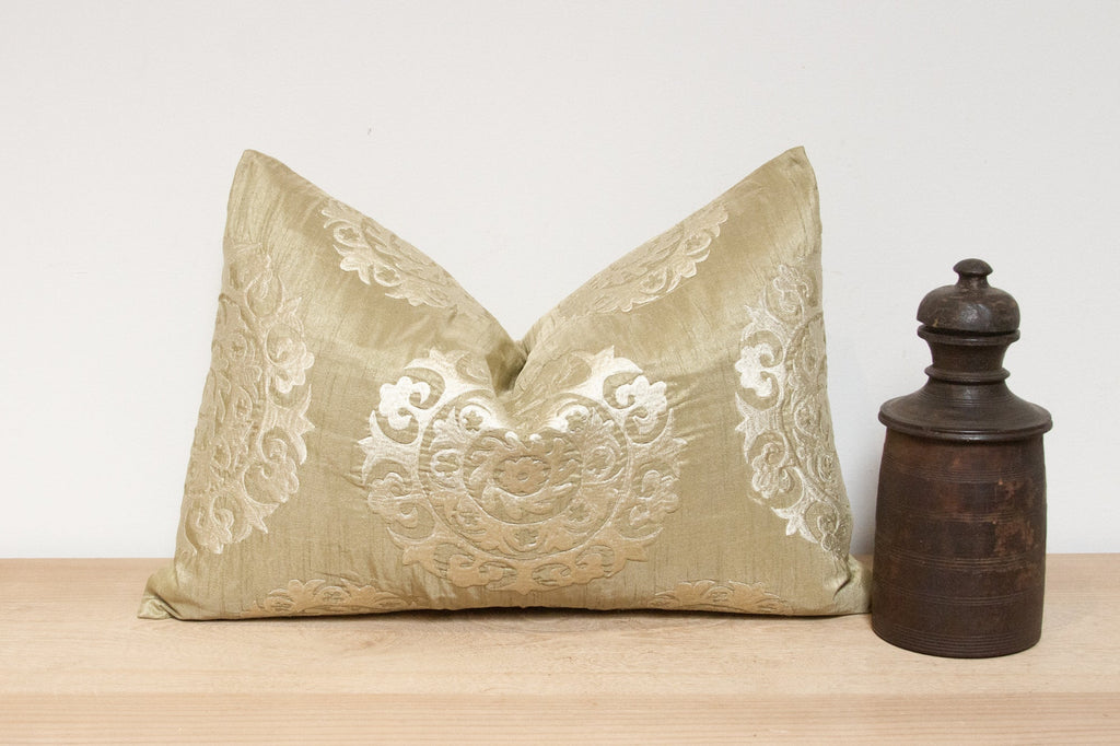 Tea Green Silk Suzani Pillow Cover