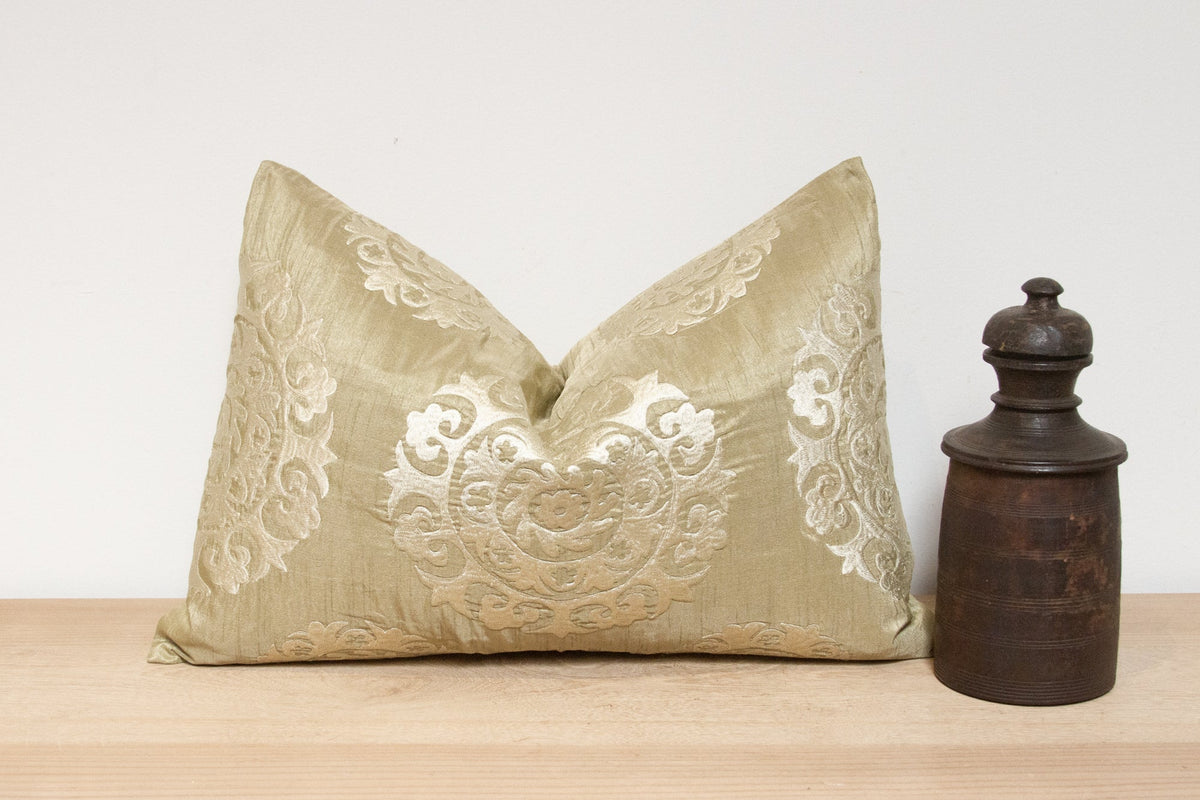Tea Green Silk Suzani Pillow Cover