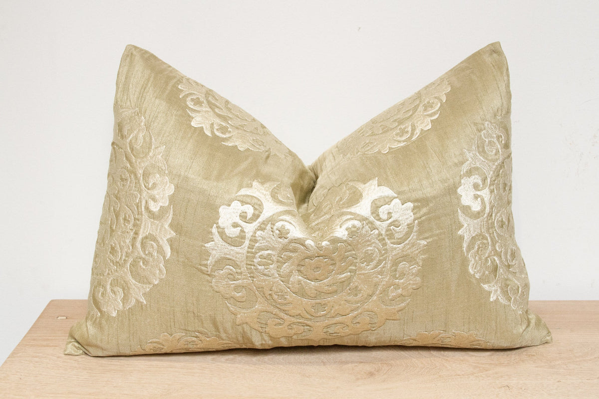 Tea Green Silk Suzani Pillow Cover