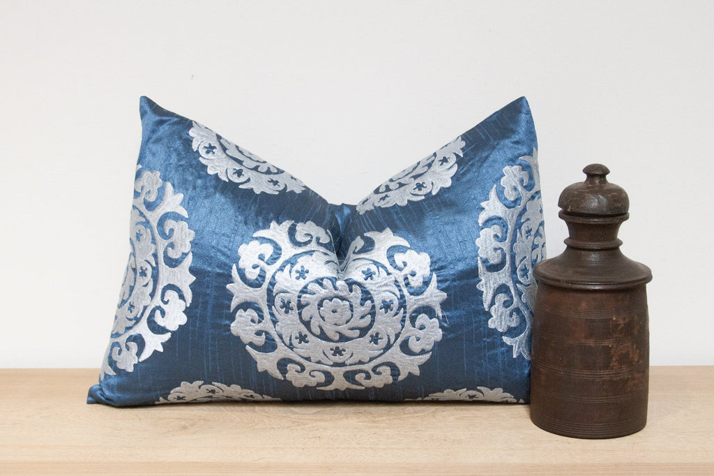 Royal Blue Silk Suzani Pillow Cover