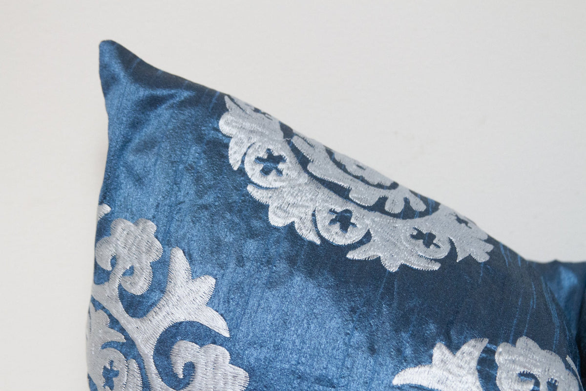 Royal Blue Silk Suzani Pillow Cover