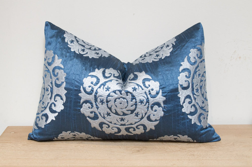 Royal Blue Silk Suzani Pillow Cover