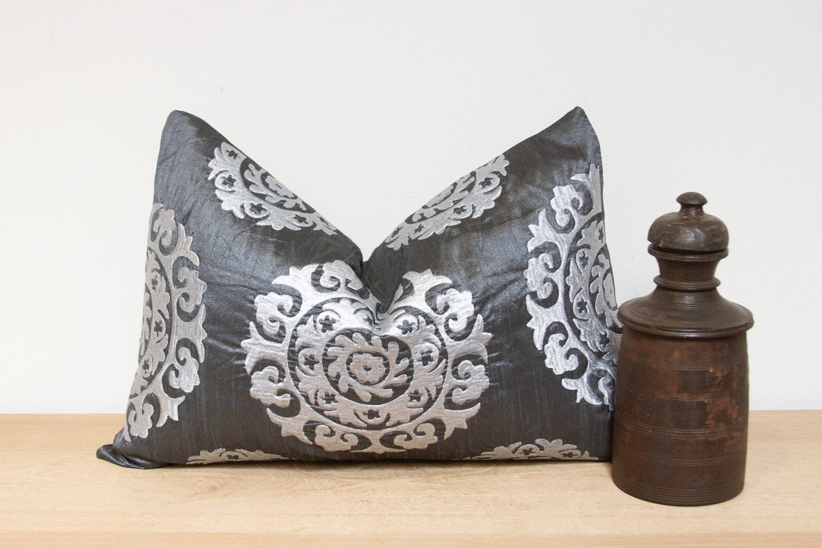 Polynesian Gray Silk Suzani Pillow Cover