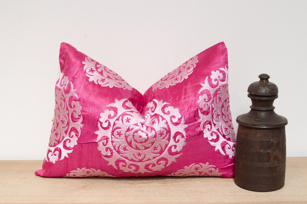 Thulian Pink Silk Suzani Pillow Cover