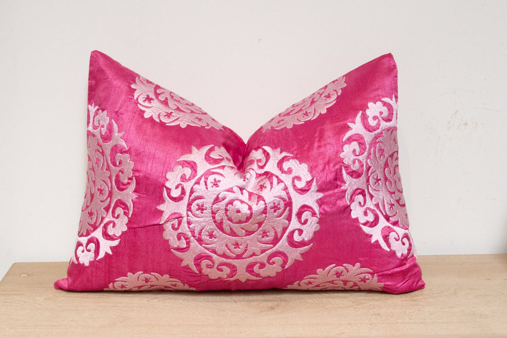 Thulian Pink Silk Suzani Pillow Cover
