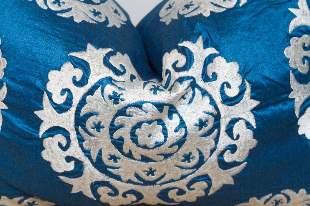 Bondi Blue Silk Suzani Pillow Cover