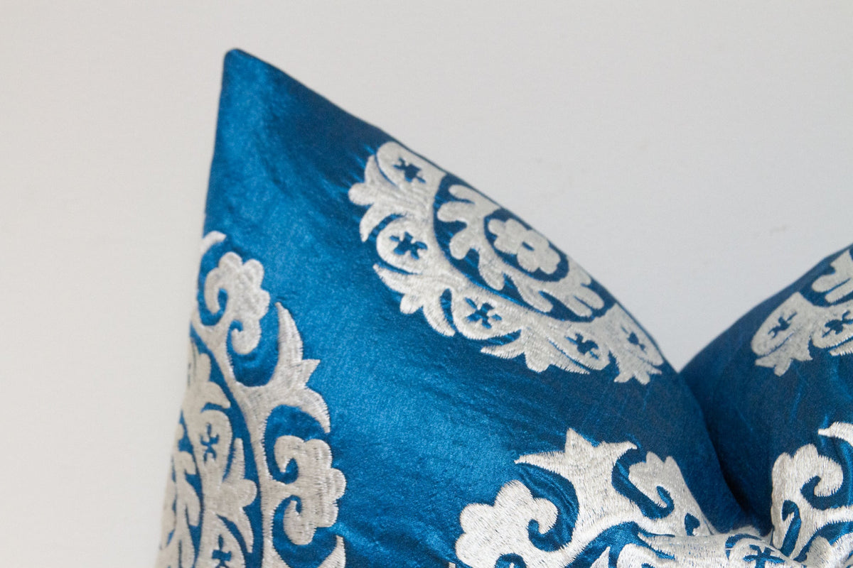 Bondi Blue Silk Suzani Pillow Cover