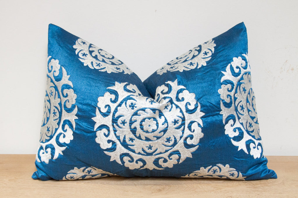 Bondi Blue Silk Suzani Pillow Cover