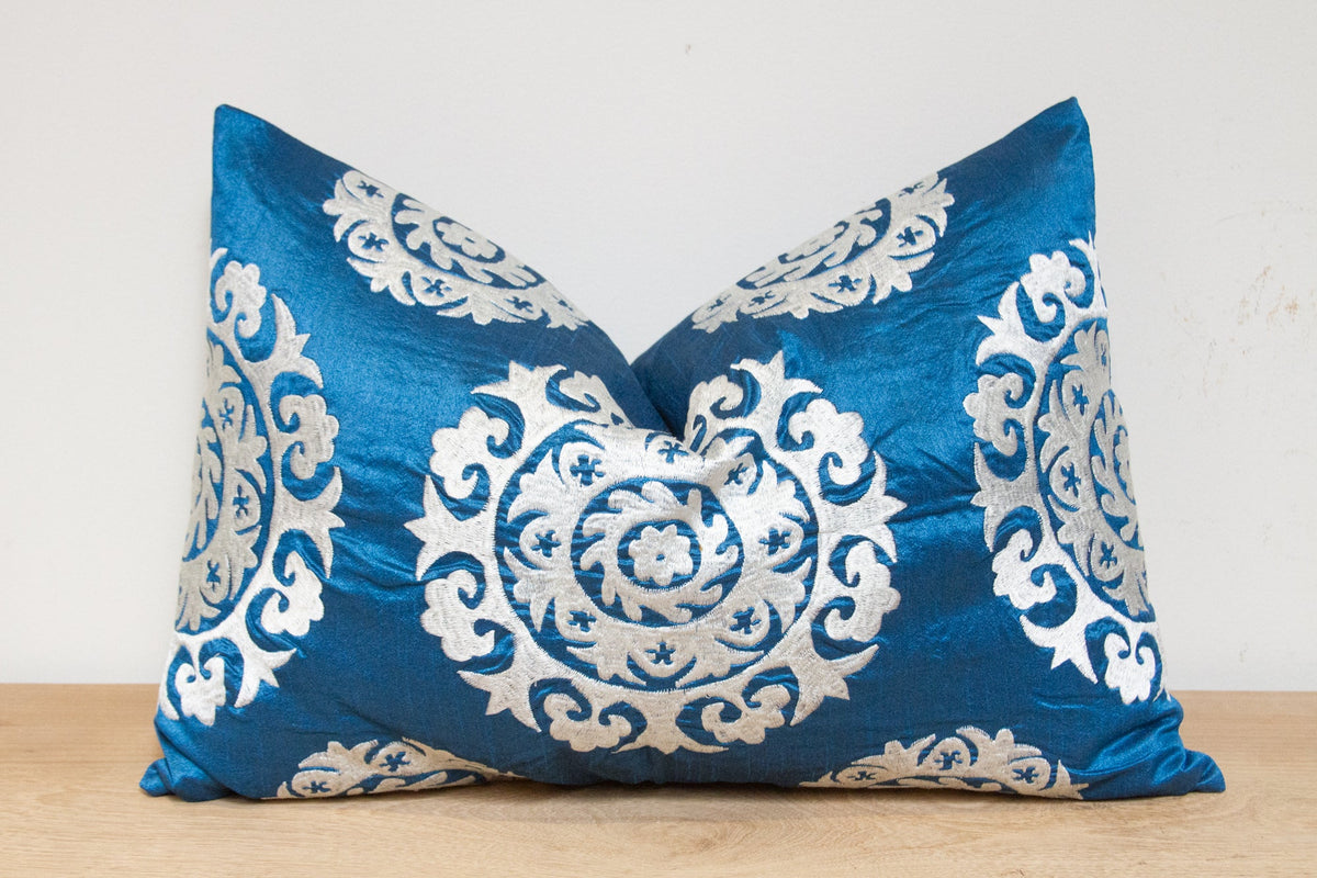 Bondi Blue Silk Suzani Pillow Cover