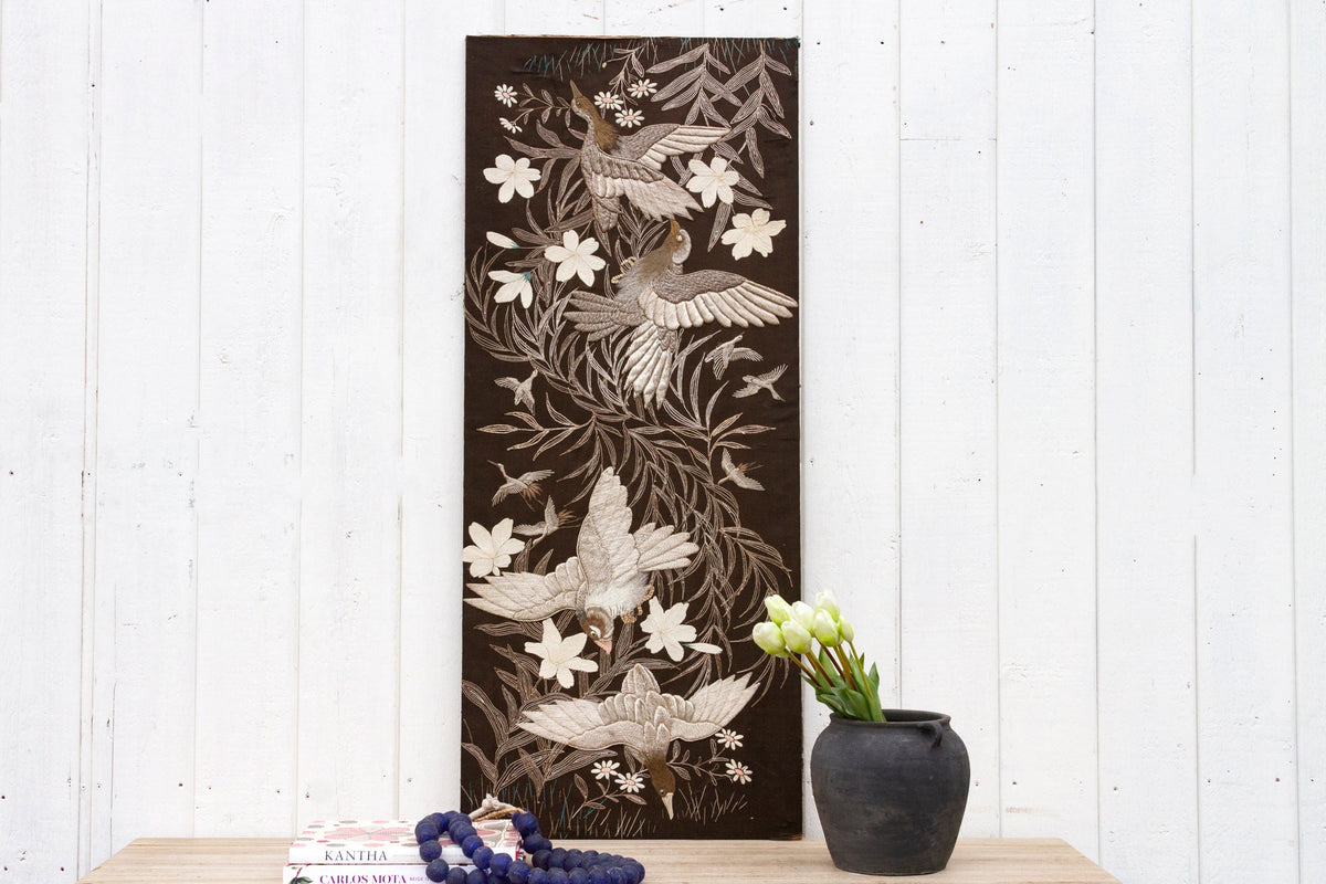 Mid-Century Embroidered Flying Birds Textile Art