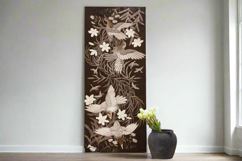 Mid-Century Embroidered Flying Birds Textile Art