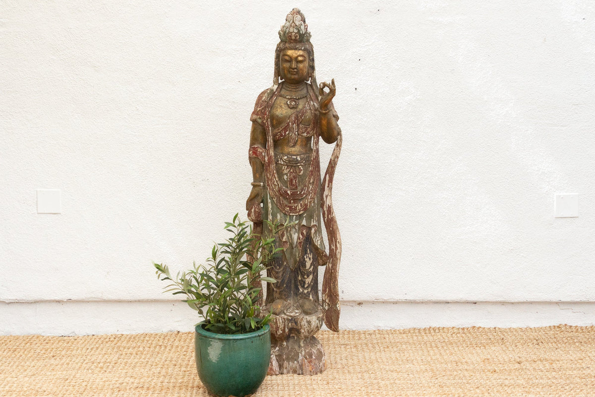 Tall Antique Guanyin Statue w/Original Painted Finish