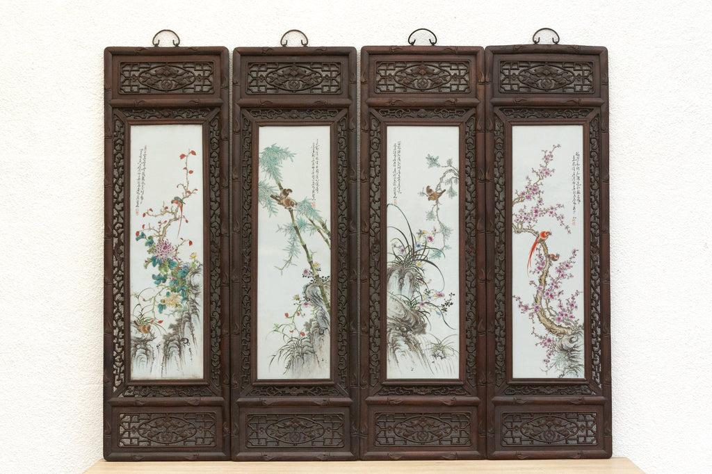 Set of 4, Finely Carved Chinese Wall Porcelain Panels