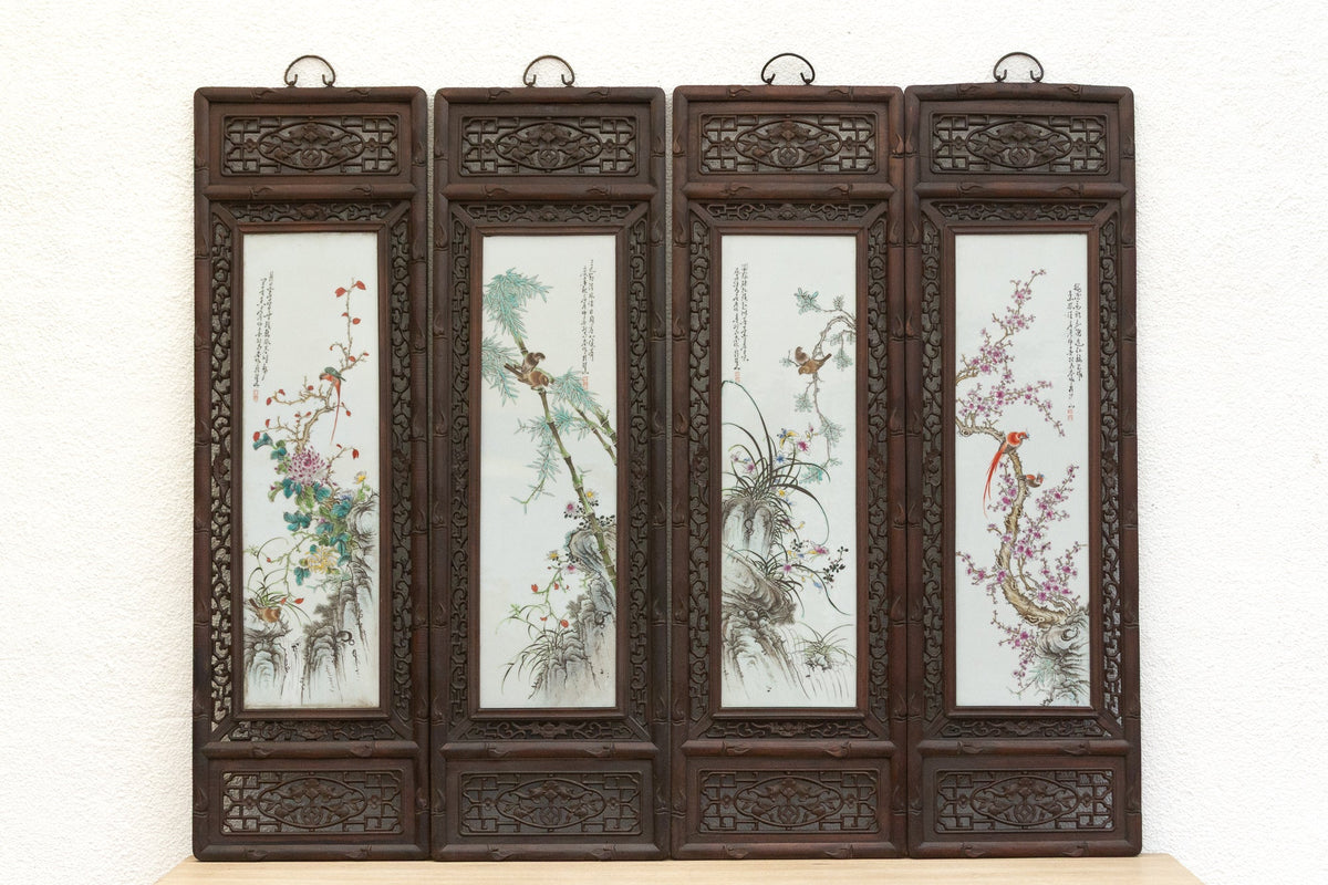 Set of 4, Finely Carved Chinese Wall Porcelain Panels