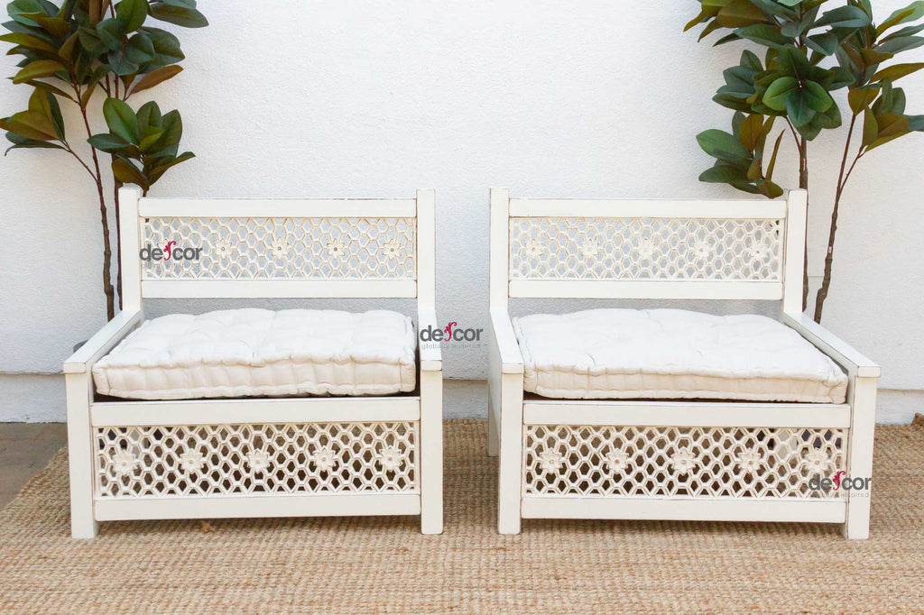 Set of 2 Carved White Moroccan Club Chairs