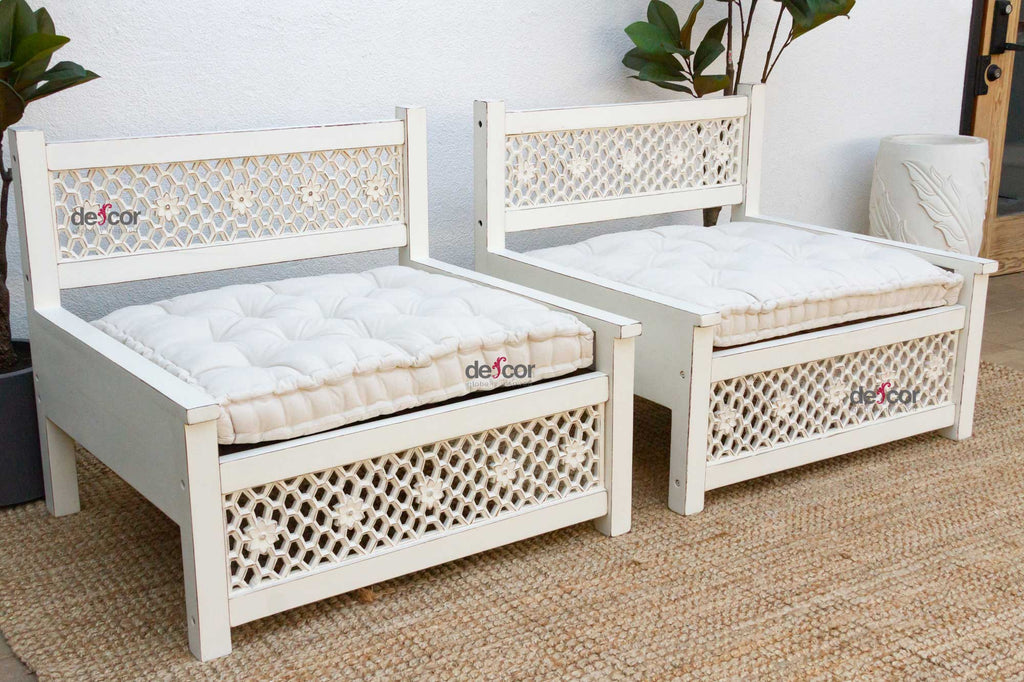 Set of 2 Carved White Moroccan Club Chairs