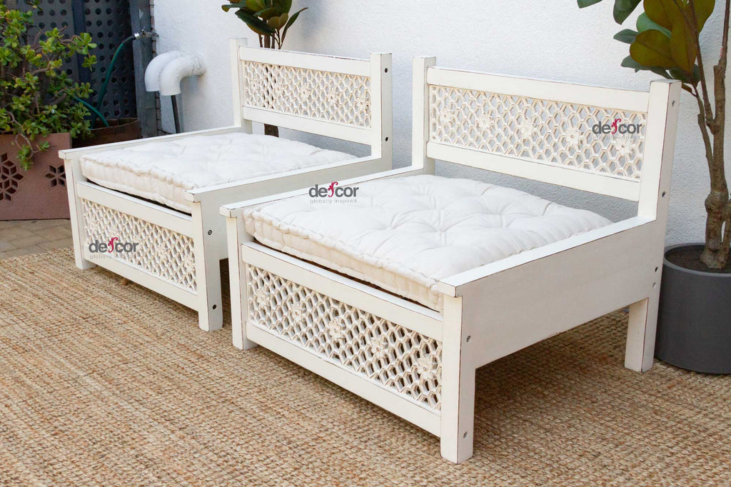 Set of 2 Carved White Moroccan Club Chairs
