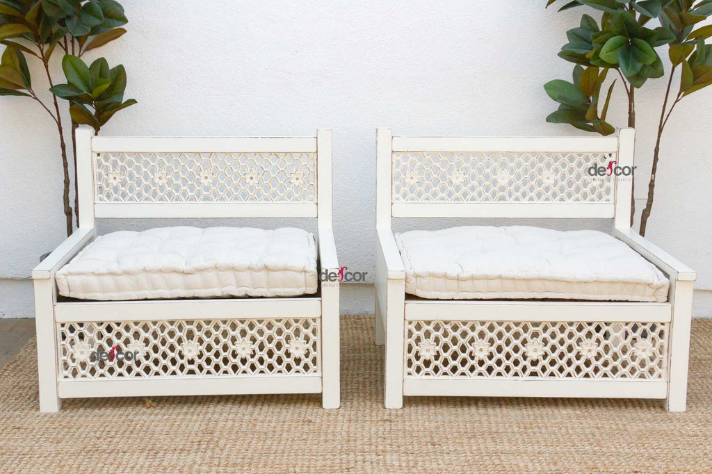 Set of 2 Carved White Moroccan Club Chairs