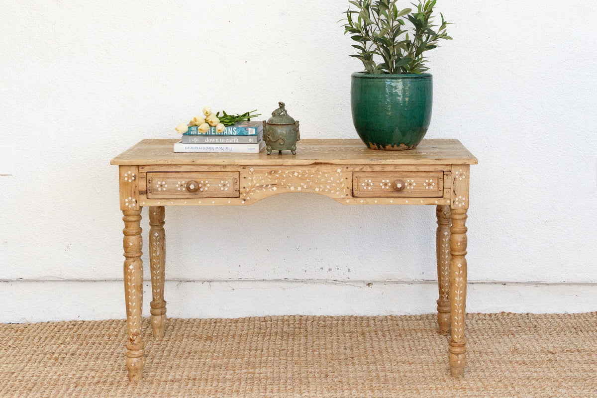 British Colonial Bleached Wood Desk with Floral Inlay