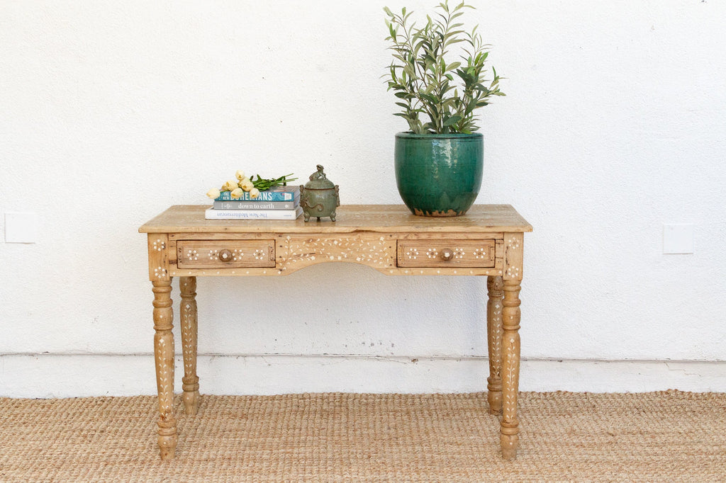 British Colonial Bleached Wood Desk with Floral Inlay