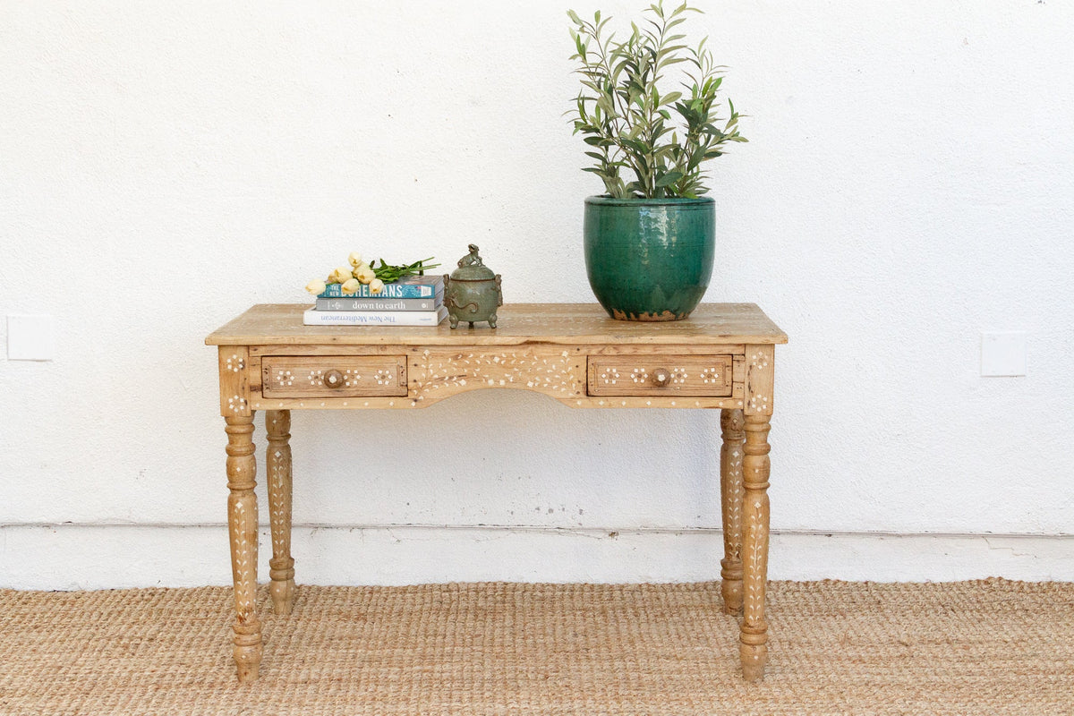 British Colonial Bleached Wood Desk with Floral Inlay