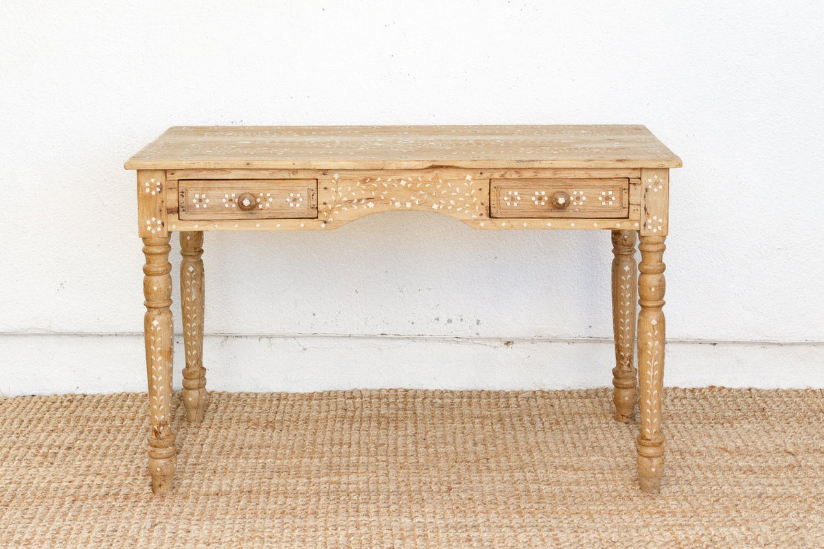 British Colonial Bleached Wood Desk with Floral Inlay
