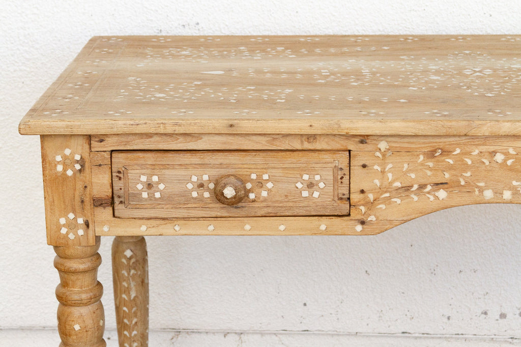 British Colonial Bleached Wood Desk with Floral Inlay