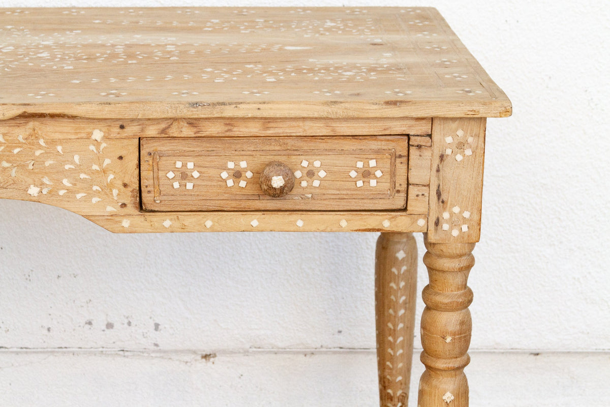 British Colonial Bleached Wood Desk with Floral Inlay