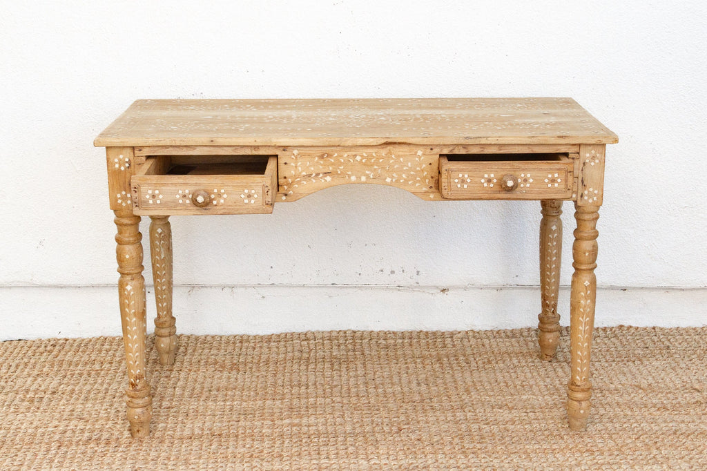 British Colonial Bleached Wood Desk with Floral Inlay