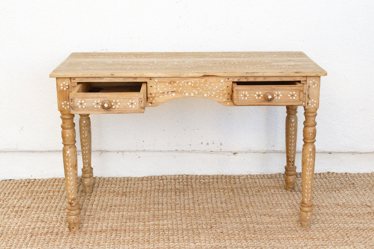 British Colonial Bleached Wood Desk with Floral Inlay
