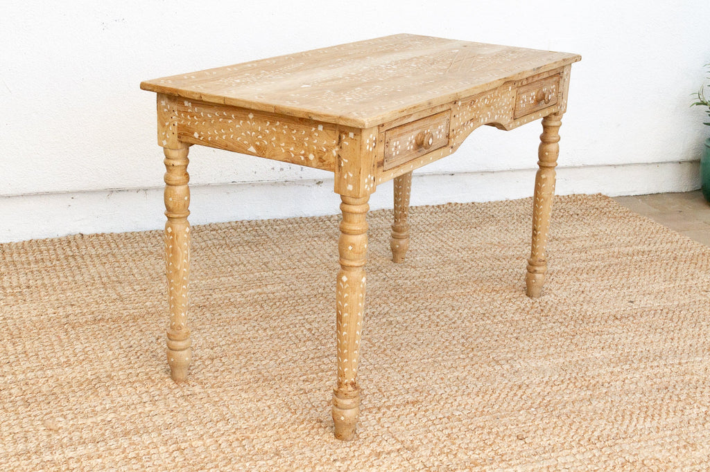 British Colonial Bleached Wood Desk with Floral Inlay