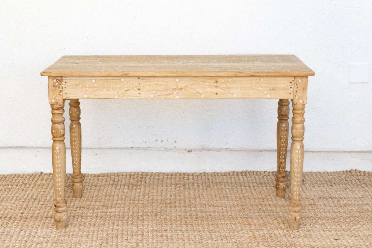 British Colonial Bleached Wood Desk with Floral Inlay