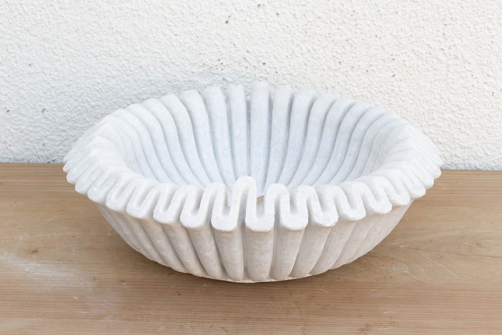 Large Hand-Carved Ripple Marble Bowl