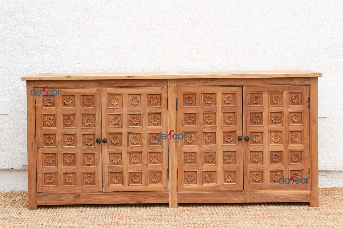 80" Long Reclaimed Teak Lotus Flower Credenza (Trade)