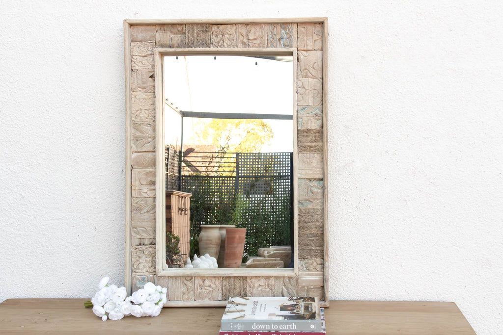 Carved Bleached Wood Tribal Mirror (Trade)