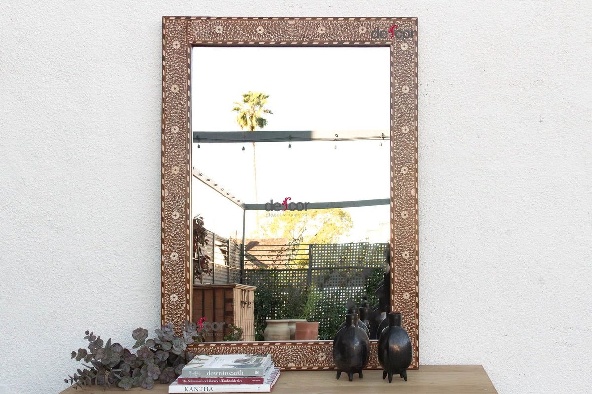 Grand Artisanal Floral Inlay Walnut Finish Mirror (Trade)