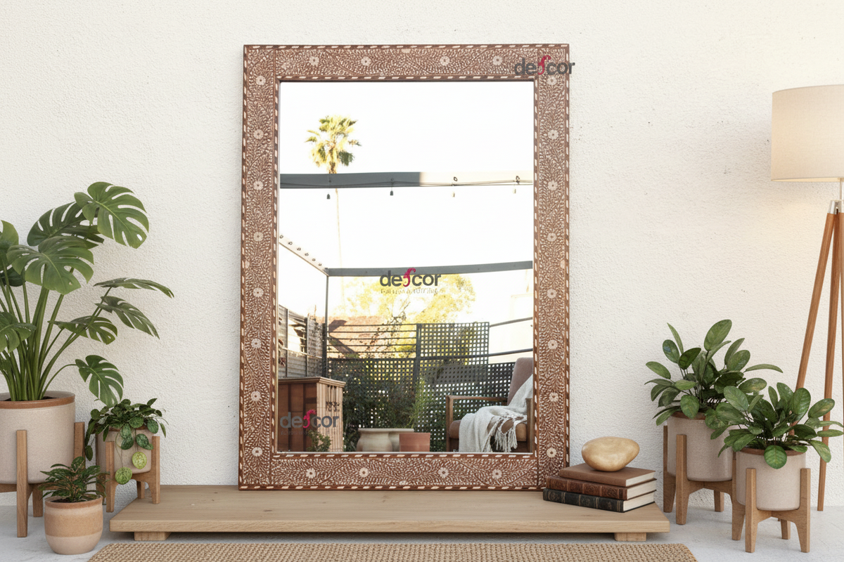 Grand Artisanal Floral Inlay Walnut Finish Mirror (Trade)