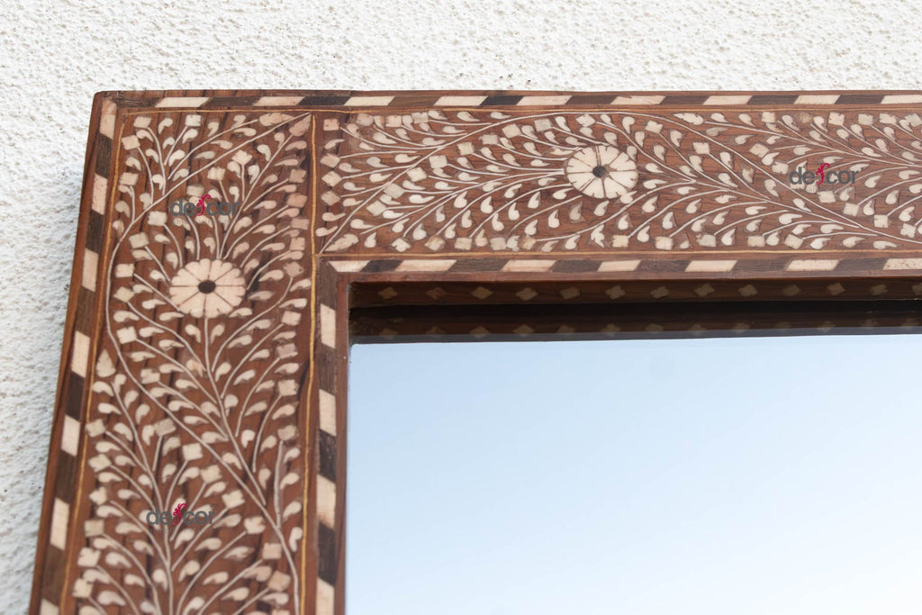 Grand Artisanal Floral Inlay Walnut Finish Mirror