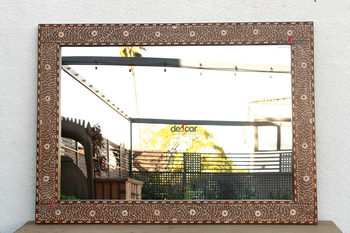 Grand Artisanal Floral Inlay Walnut Finish Mirror (Trade)