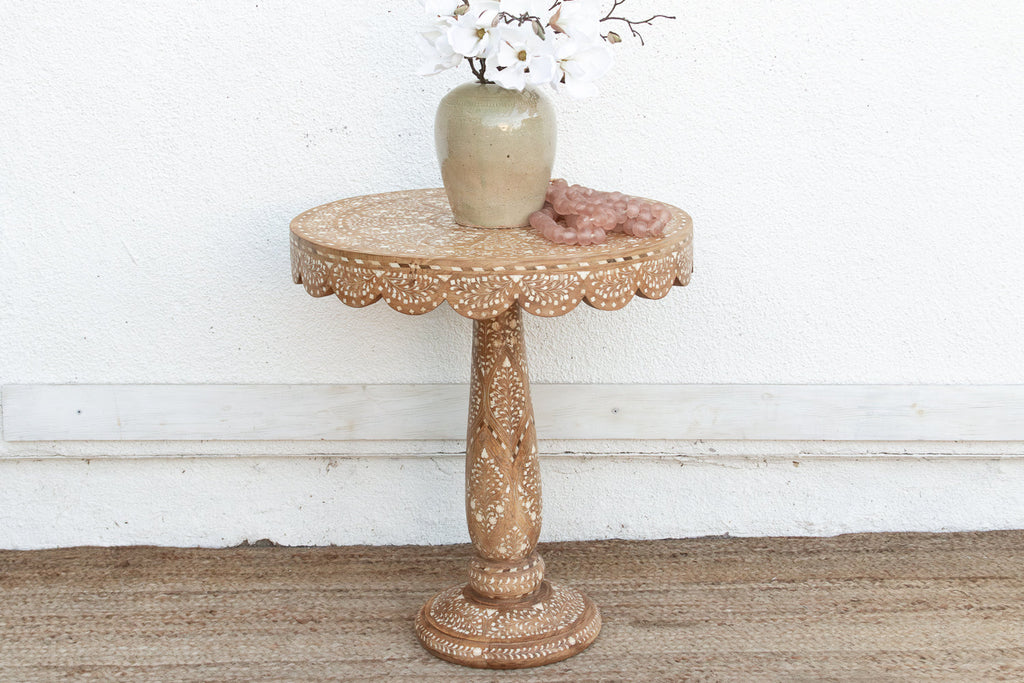 Intricate Floral Design Inlay Pedestal End Table