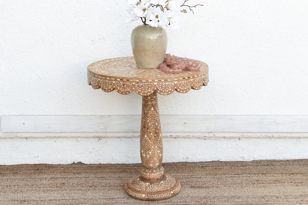 Intricate Floral Design Inlay Pedestal End Table