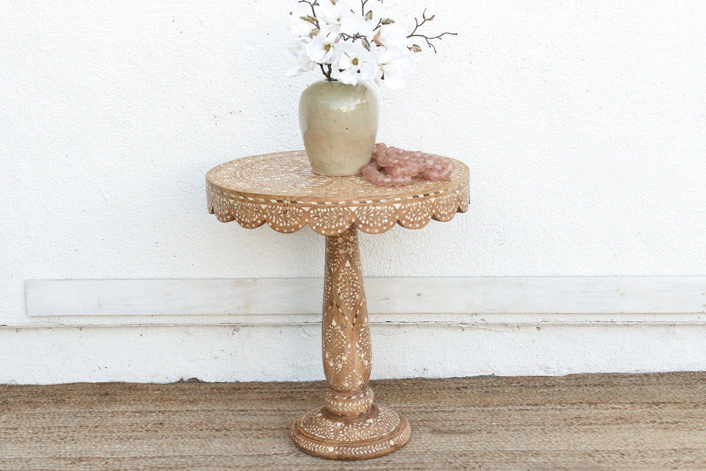 Intricate Floral Design Inlay Pedestal End Table