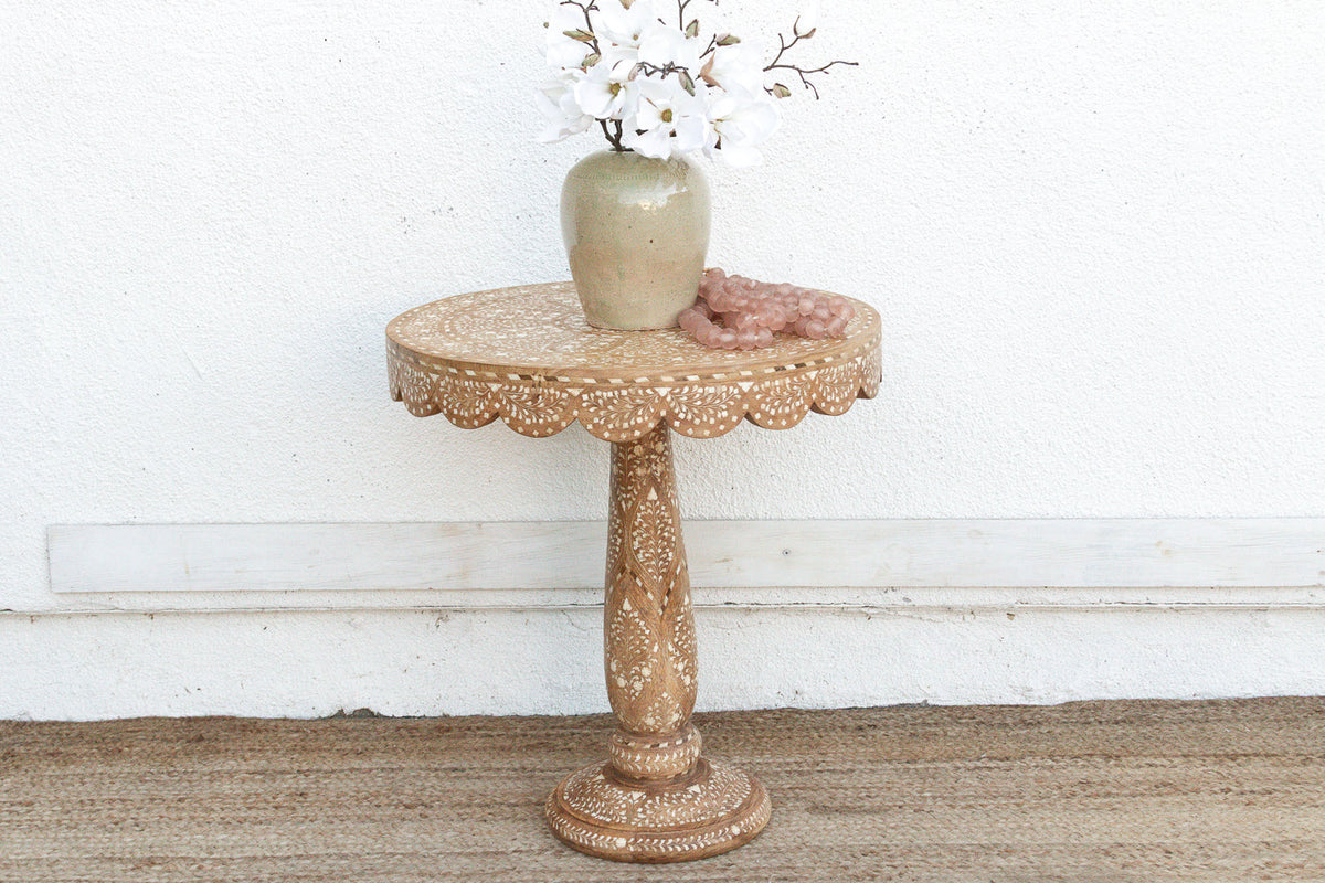 Intricate Floral Design Inlay Pedestal End Table