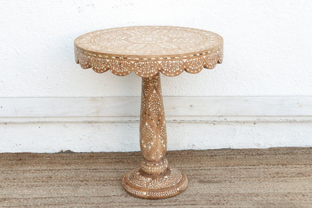 Intricate Floral Design Inlay Pedestal End Table