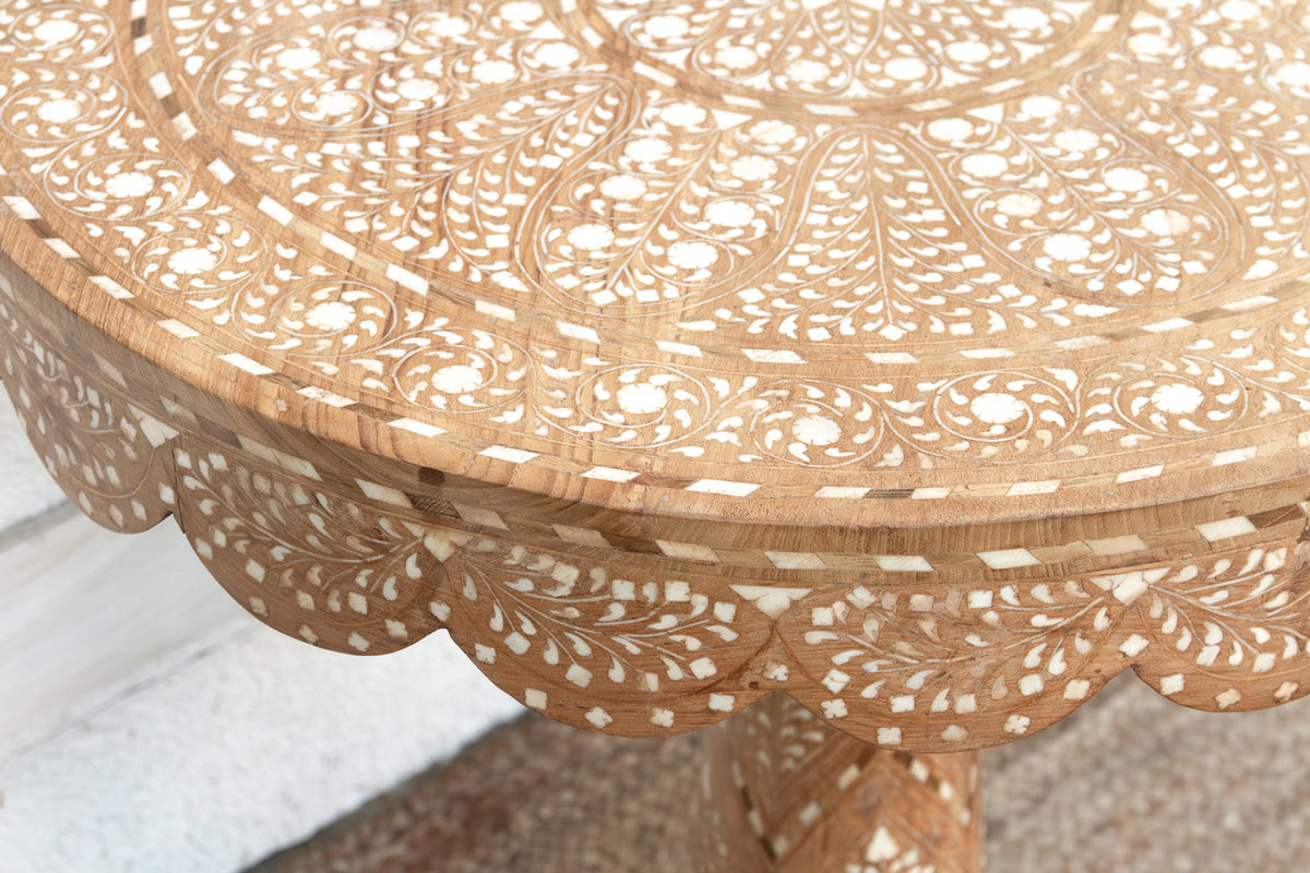 Intricate Floral Design Inlay Pedestal End Table