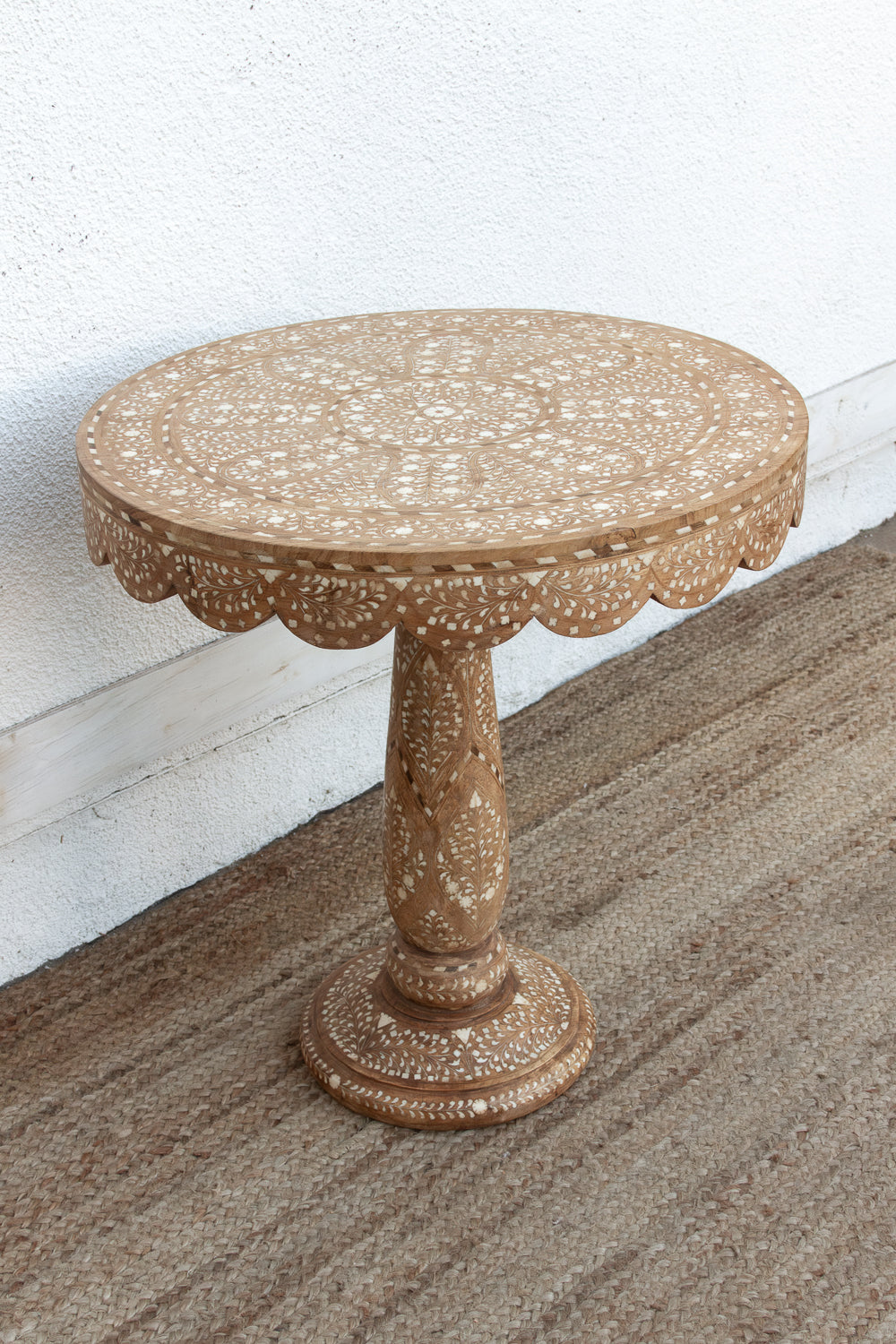 Intricate Floral Design Inlay Pedestal End Table